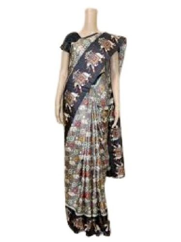 Cotton Ladies Causal Wear Brown Printed Kalamkari Saree With Attach Blouse