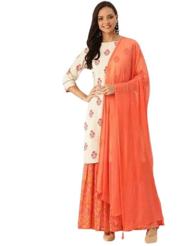 Orange And White Laces Breathable Soft On Skin Ethnic Full Sleeves Printed Cotton Sharara