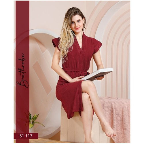 Terry Knee Length Maroon Bathrobe For Women