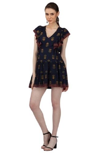 Viscose Dress Floral Mini Dress For Women With Flutter Sleeves And V Neck