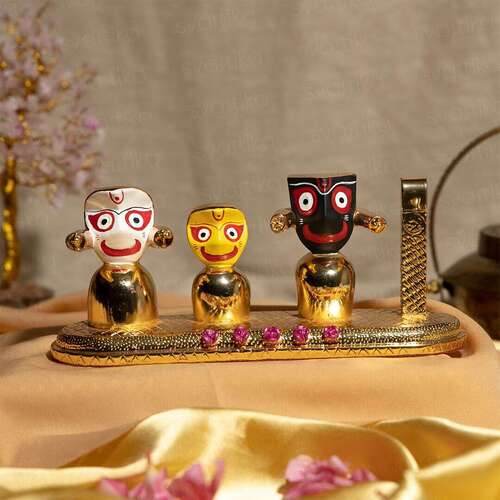 24 Karat Gold Plated Hindu Lord Jagannath Subhadra Balabhadra Idol Set