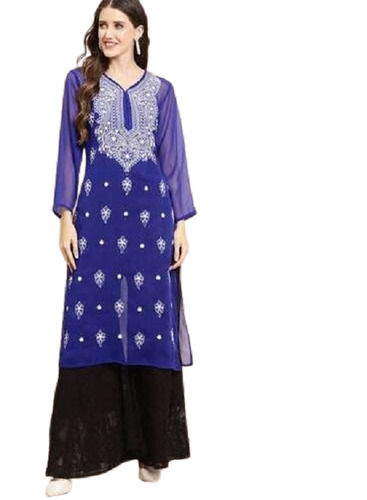 Blue Beautiful And Designer Chikan Kurti For Ladies 