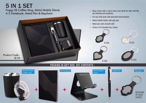 Black 5 In 1 Gift Set - Foggy Ss Coffee Mug, Metal Pen, Metal Mobile Stand, A5 Notebook And Keychain