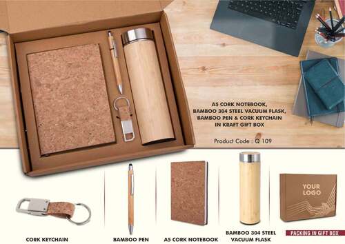 ब्राउन इकोसेट 3 गिफ्ट सेट - A5 कॉर्क नोटबुक, बैम्बू 304 स्टील वैक्यूम फ्लास्क, बैम्बू पेन और कॉर्क कीचेन