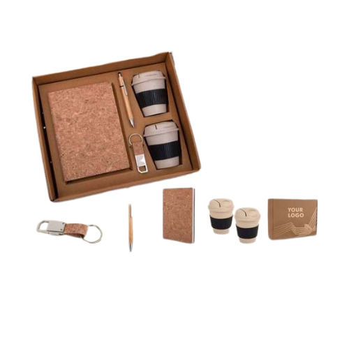 EcoSet Gift Set 4 Set Of A5 Cork Notebook 2 Bamboo Coffee Mugs With Silicon Sleeve Bamboo Pen & Cork Keychain