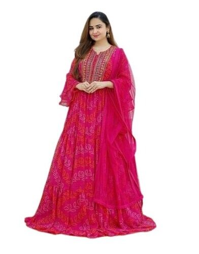 Quick Dry Pink Printed Faux Georgette Kurti With Dupatta