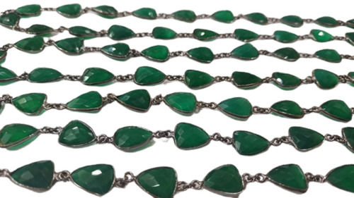 Princess 10Mmx13Mm Natural Green Onyx Trillion Shape Bezel Gemstone Connector Chain