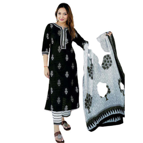 Black Printed Cotton Straight Kurta With Trousers And Dupatta