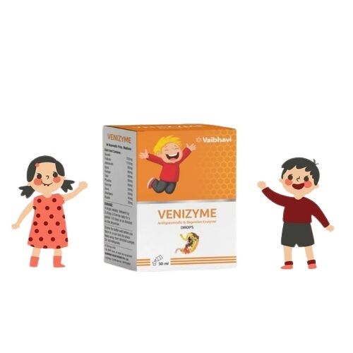 Venizyme Drops Ingredients: Elaichi 	35Mg
Shahjeera 	45Mg
Suva 	50Mg
Sanchal 	55Mg
Phudina 	65Mg
Variyali 	90Mg
Tulsi 	90Mg
Ajma 	90Mg
Jethimadh 	90Mg
Triphala 	110Mg
Shunth 	125Mg