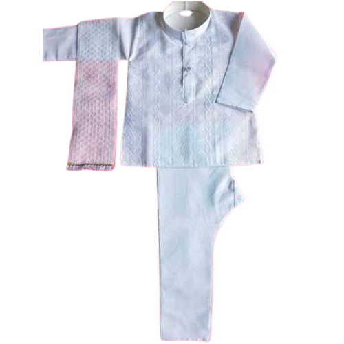 Kids White Chicken Work Cotton Kurta With Pajama