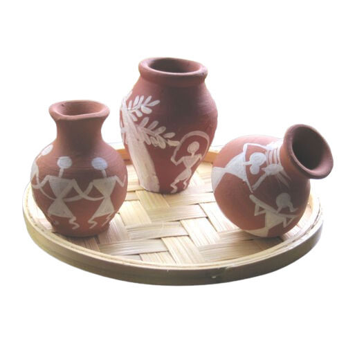 Warli Pots Miniatures â earthen (clay pots) with Bamboo Round tray base