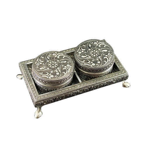 Silver Oxidized Decorative Dabba Tray Set