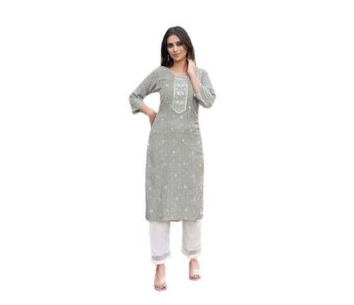 Ladies Kurtis - Cotton, Available in M, L, XL Sizes, Gray Color | Anti-Wrinkle, Breathable, Printed Design, 3-4th Sleeve Style, Perfect for Casual Wear