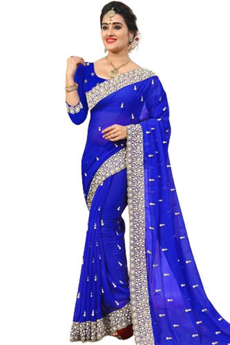 Blue Color Party Wear Light Weighted Shrink Resistant Breathable Plain Modern Ladies Kerala Sarees