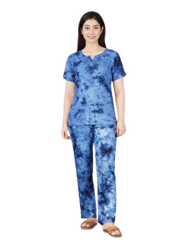 Women Night Suit - 100% Cotton, Very Good Quality | Light Weight, Breathable, Attractive Blue Printed Design, Short Sleeve, Summer Nightwear