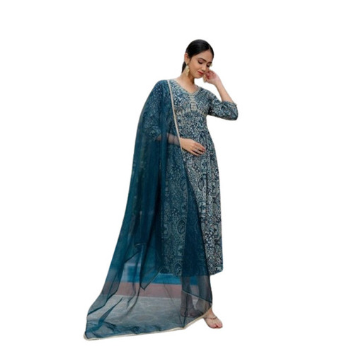 Anarkali Dress - Rayon, Size 38-46, Dark Green, Floor Length, 3/4th Sleeves, Machine Embroidered | Lightweight, Breathable, Dry Clean Only, Ideal for Summer and Winter