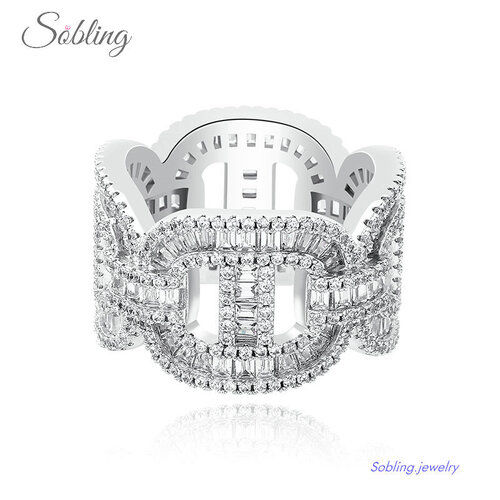 Sobling Hip Hop Letter X And H Chain Link Eternity Wedding Ring Band Fully Iced Out Bling Micro Pave Aaa Cubic Zircon Jewelry White Gold Color Plating