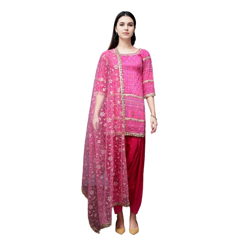 Ladies Raw Silk U-Shaped Neck Suit - Baby Pink, 3/4 Sleeves with Resham Self-Thread and Sequins Work