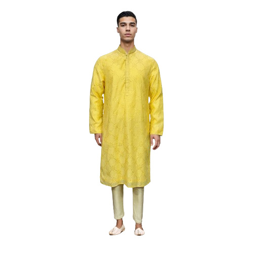 Raw Silk Standing Collar Mens Kurta - Yellow with Full Sleeves, Self-Thread Diamond Embroidery for Special Occasions