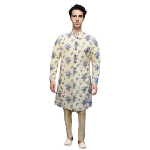 Wedding Sherwani - Tissue Fabric XL Size White Color | Full Sleeves with Charming Blue Flower Print for Special Occasions