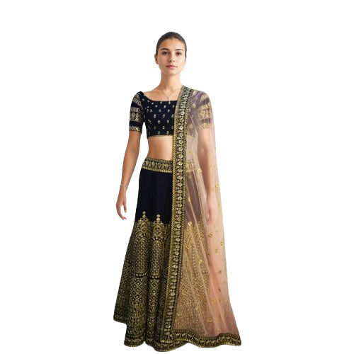 Navy Blue Velvet Lehenga Choli with Golden Zari Work Rental for 4 Days