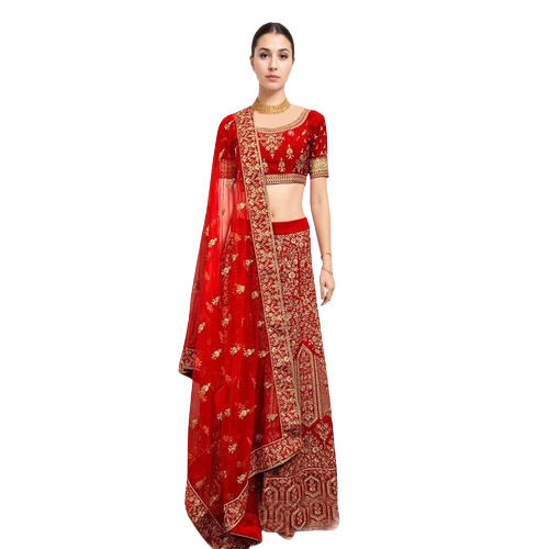 Red Raw Silk Kali Lehenga Set Rental for 4 Days