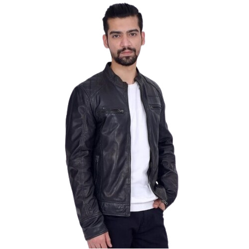 Mens Fabric-Leather Biker Jacket - Full Sleeves, Casual Wear Style | Black Color, Customized Size, Plain Pattern