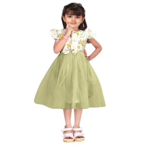 Girls Net Frocks - Printed Net Fabric, Sizes S-M-L, Pista Green Color | Short Sleeves, Breathable, Anti-Wrinkle, No Fade, Ideal for Summer Casual Wear