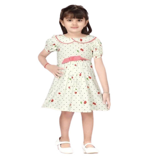 Girls White Cotton Frock - Cotton Sizes S/M/L Color: White Short Sleeves Modern Style | Features: Anti-Wrinkle Breathable Printed Machine Washable Summer Ready