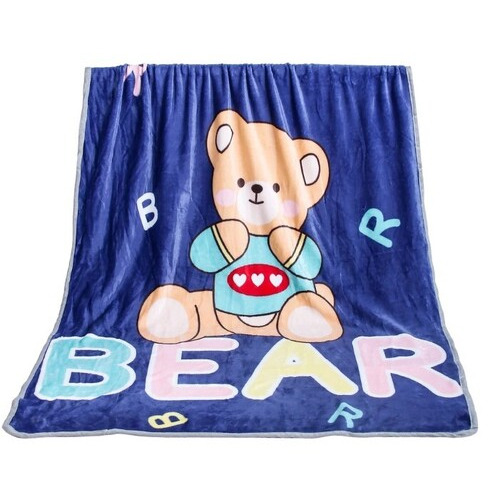 Flannel Bear Printed Blanket - 100x140 cm, Blue Unisex Design for Babies and Children, Easy Hand Wash