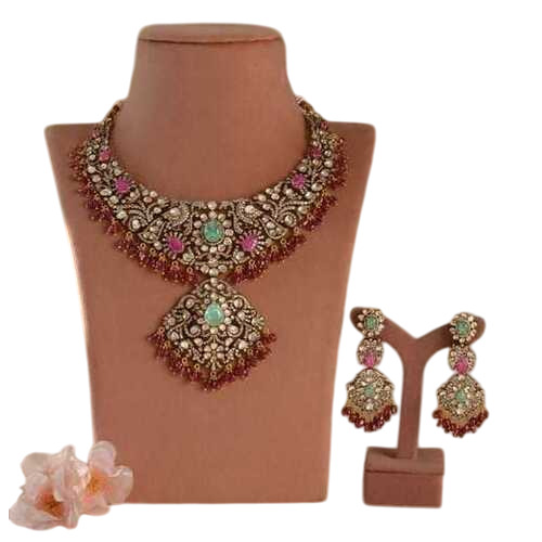 Victorian Bridal Navratan And Polki 92.5 Silver Moissanite Diamond Polki Necklace