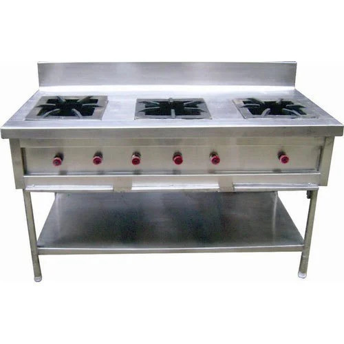 Commercial Three Burner Gas Stove - Stainless Steel 4.5 Feet Size Silver Color | ISI Certified Portable Design
