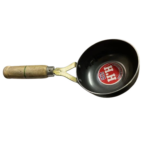 Non Stick Tadka Pan - Iron Material, Round Shape, Black Color, Wooden Handle | Ideal for Kitchen Use