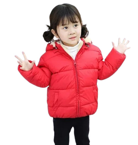 Girls Jackets - Cotton Wool Hooded Jacket for Ages 1-3 Years Red with Double Pockets Fur Decoration Anti-Wrinkle Feature Full Sleeves