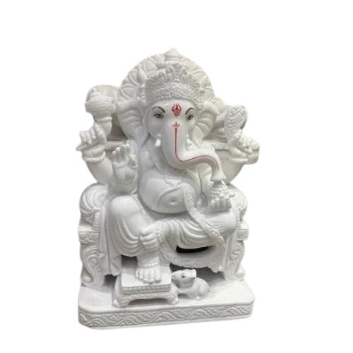 White Marble Ganesh Statue - Finishing: Painting