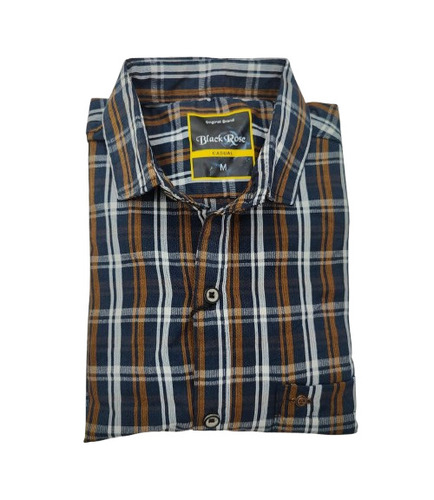 Mens Casual Checks Shirt - Cotton Blend, S-XXL Sizes, Orange & Blue Checks | Non-Toxic, Breathable, Easy Care, Classic Collar