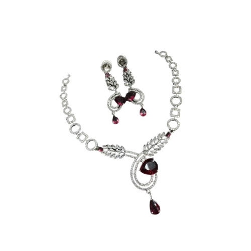 American Diamond Studded Necklace Set - Color: Pink