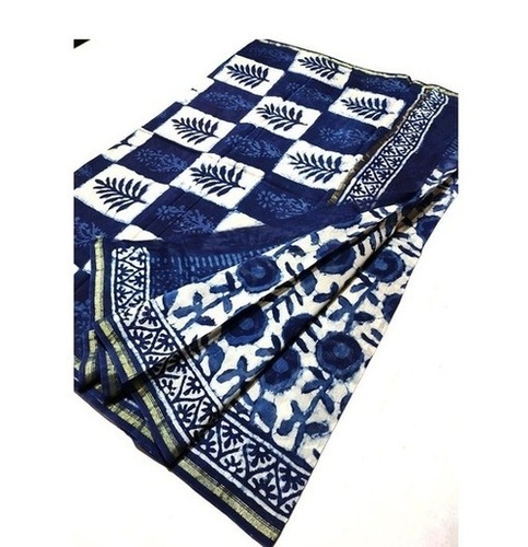Chanderi Silk Saree - Color: Blue & White