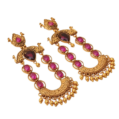 Antique Gold & Ruby Temple Style Jhumka Earrings - Gender: Women