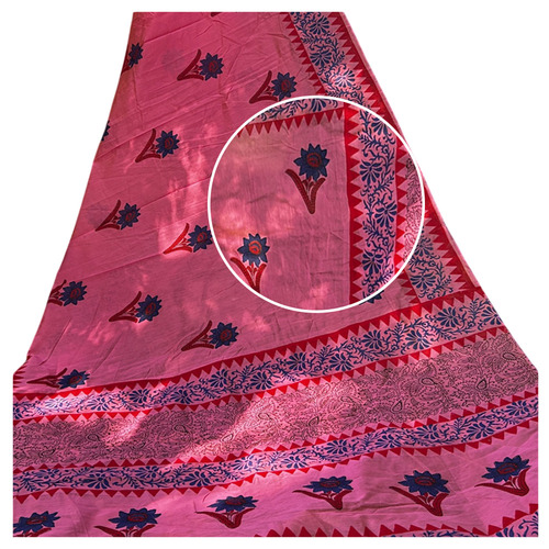 Qyaari By Penkraft Hand Block Printed Pink Saree With Blue Flower Butti - Feature: Washable
