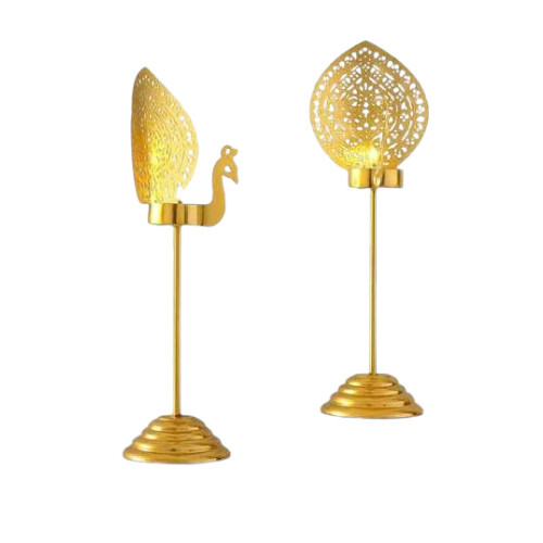 Elegant Peacock Themed Golden T-Light Candle Stand Set Of 2 For Festive And Spiritual Decor - Material: Metal