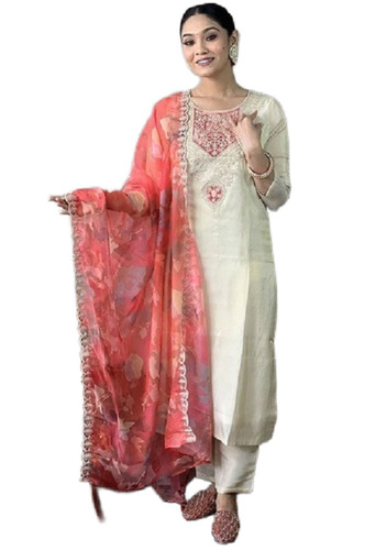 White Cream Embroidered Poly Blend Kurta Set - Design: Traditional