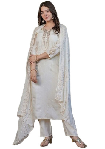 White Ethnic Motifs Embroidery Silk Kurta Set - Design: Traditional
