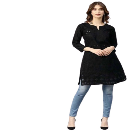 Embroidered Black Women Cotton Kurta - Color: Multiple
