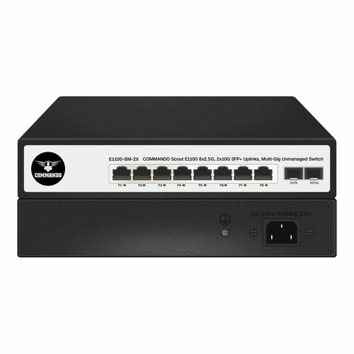 E1100-8Mp-2X Commando Scout E1100 8X2.5Gbe Full Poe/Poe+ 2X10G Sfp+ Uplinks 150W Multi-Gig Unmanaged Switch - Color: Black