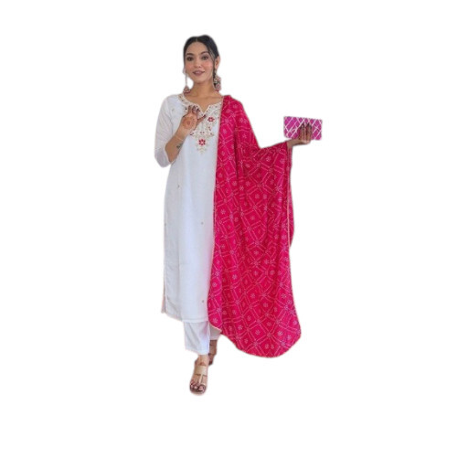White Floral Embroidered Poly Blend Kurta Set