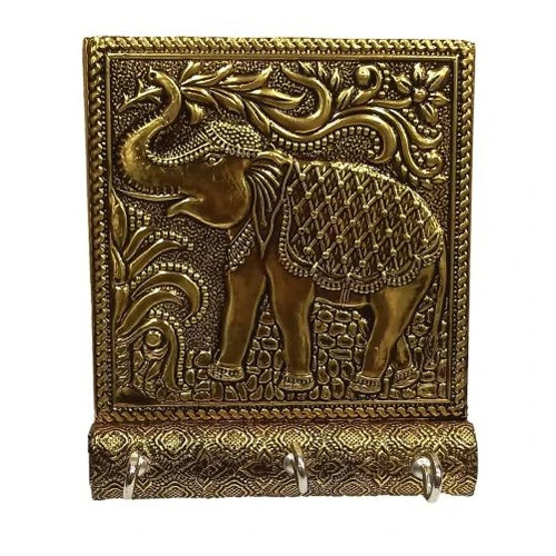 Golden Oxidised Elephant Design Wall Mounted Wooden 3 Hooks Key Stand
