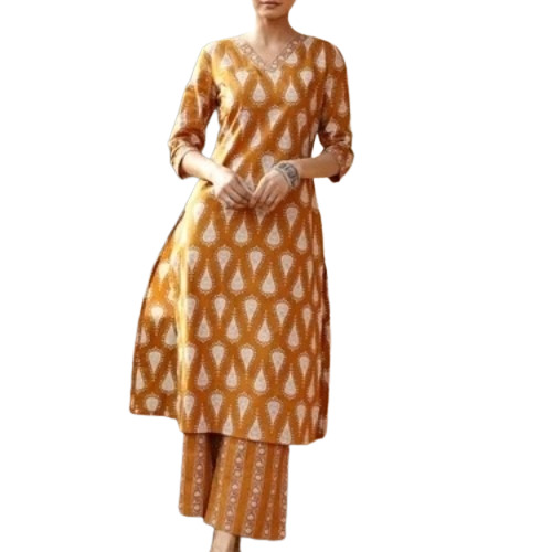 Women Mustard Cotton Printed Straight Cut Kurta Set - Design: Standard
