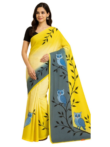 Leaf Print Kerala Cotton Saree - Color: Yellow Grey