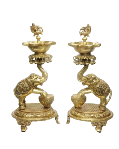 Brass Elephant Diya Pair With Peacock Top - Feature: Easy To Clean